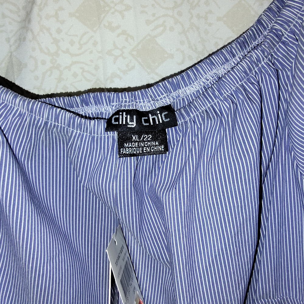 City Chic Striped Blue Ruffle Blouse - Picture 3 of 7
